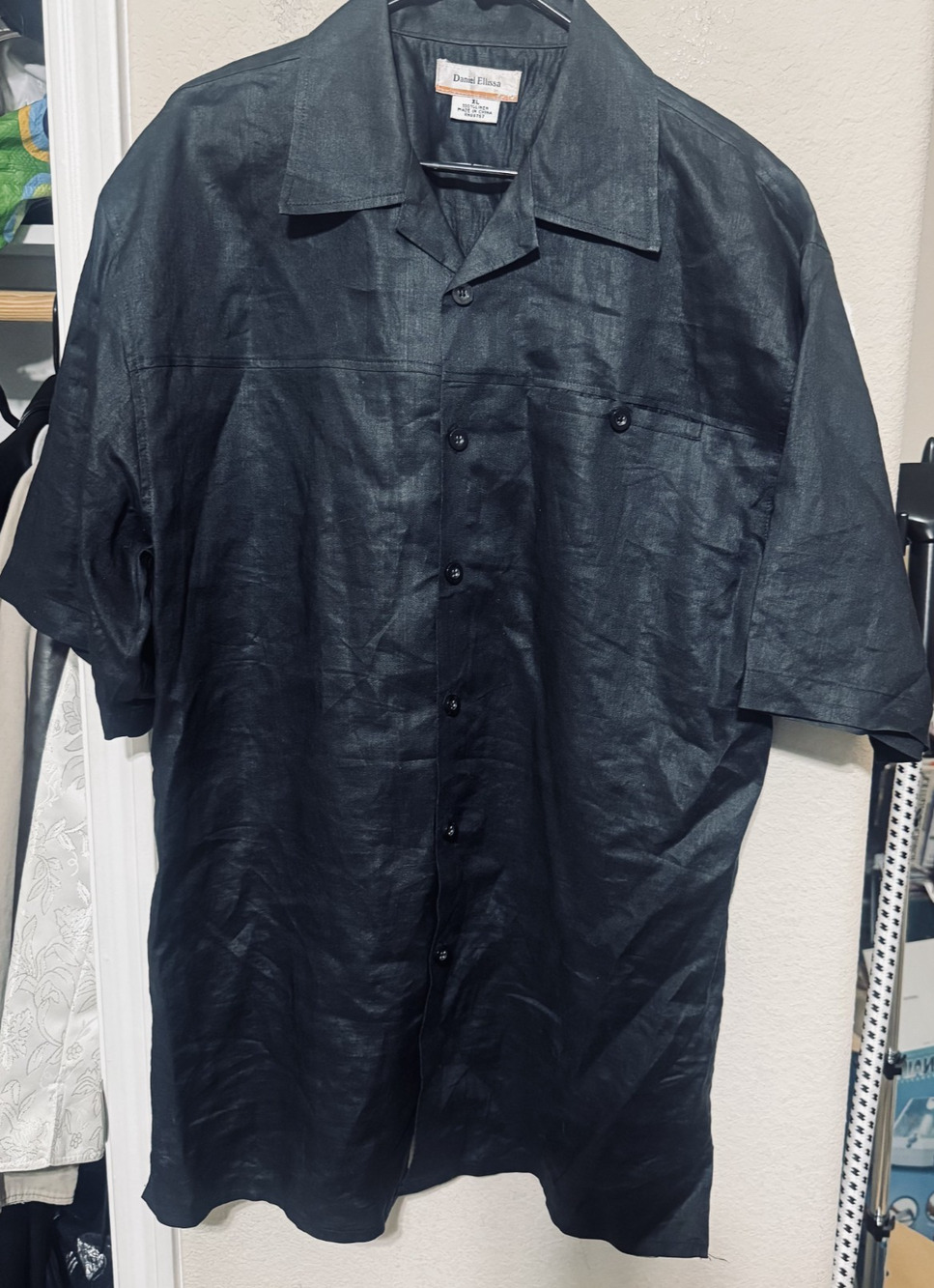 Daniel Ellissa Shirt Mens XL Black 100% Linen Camp Collar Pocket Button Up